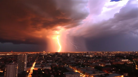 Thunderstorm over the city of Lviv, Ukraine. Stormy weather.の素材