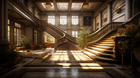 3D rendering of an old abandoned building with a staircase and stairsの素材