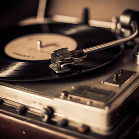 Vintage turntable with vinyl record on a dark background.の素材
