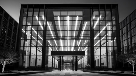 Black and white image of a modern office building in the city.の素材