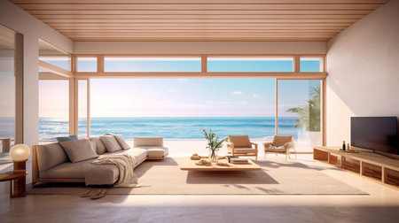 3d rendering living room with sea view from the terrace.の素材
