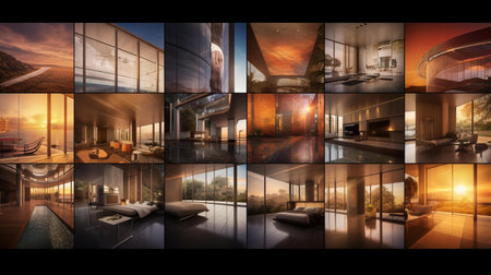 Collage of modern living room at night. 3D rendering.の素材