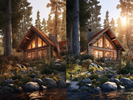3D rendering of a log cabin in the forest at sunset.の素材