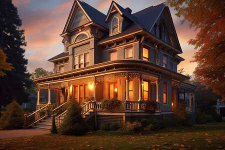Beautiful old house in the evening light. Evening view of a country house.の素材