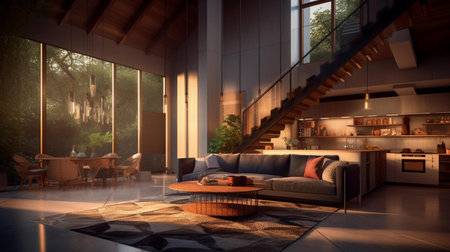 Interior of modern living room with wooden walls, tiled floor, comfortable sofa and coffee table. 3d renderingの素材