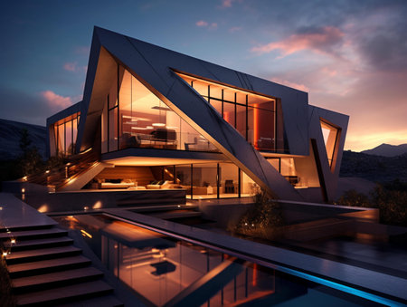 3d rendering of modern cozy house with pool and parking for sale or rentの素材