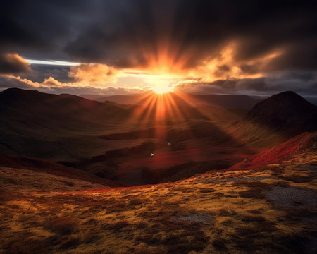 Beautiful sunset in the mountains. 3D render of landscape.の素材