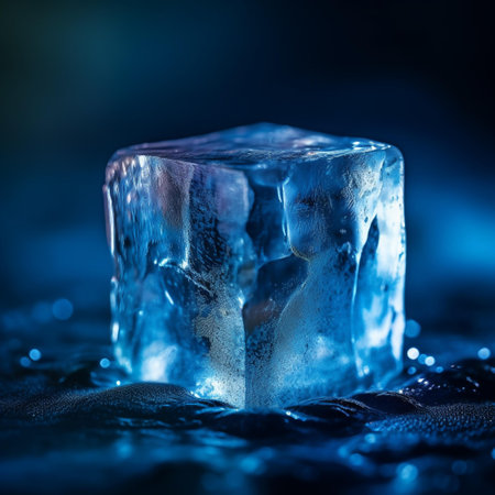 Ice cube on dark blue background. Close up. Selective focus.の素材