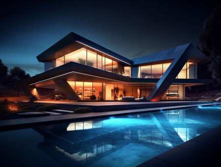 3d rendering of modern cozy house with pool and parking for sale or rent. Clear summer night with stars on the sky.の素材