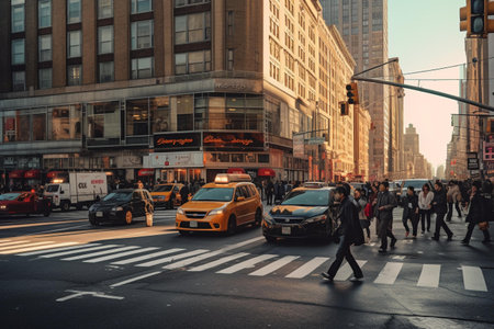 Manhattan street scene with traffic and people.の素材