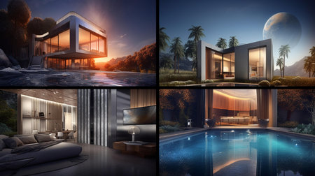3d rendering of modern cozy house with pool and garden in the evening. collageの素材