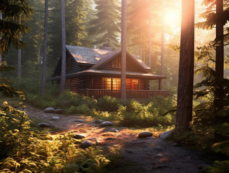 Old wooden house in the forest at sunrise. 3d rendering.の素材