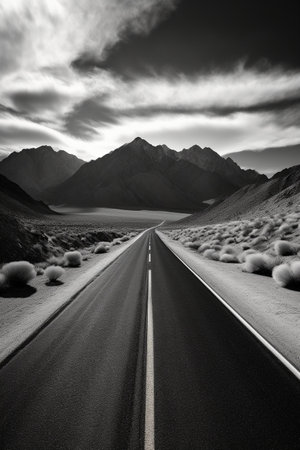 Road in the desert with mountains in the background. Black and white.の素材