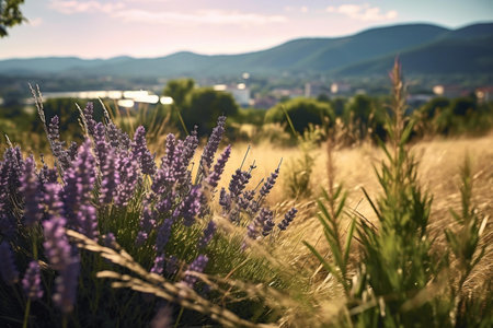 Lavender flowers in the meadow with mountains in the backgroundの素材