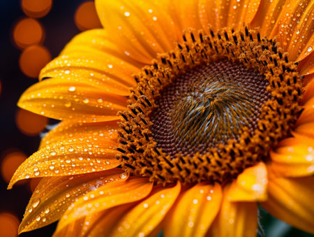 Close up of a sunflower with bokeh lights in the backgroundの素材