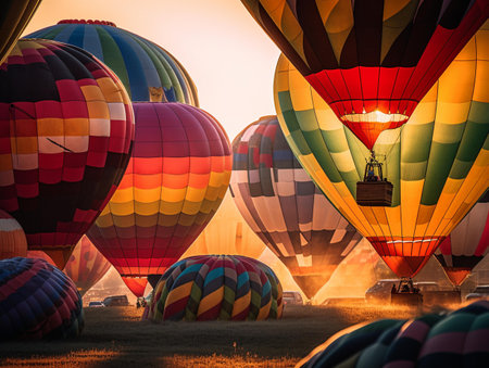 Hot air balloons flying in the sky at sunrise. Colorful hot air balloonsの素材