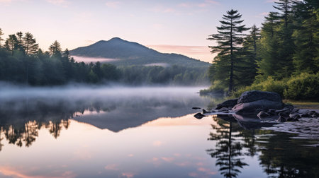 Foggy morning on the lake in the mountains. Mountain lake landscape.の素材