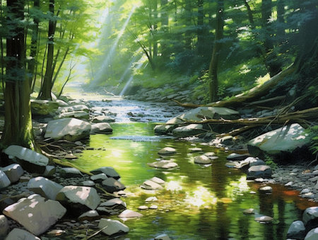 river in the forest with rocks and sunbeams in the morningの素材