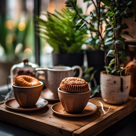 Coffee cup and cake on wooden table in coffee shop.の素材