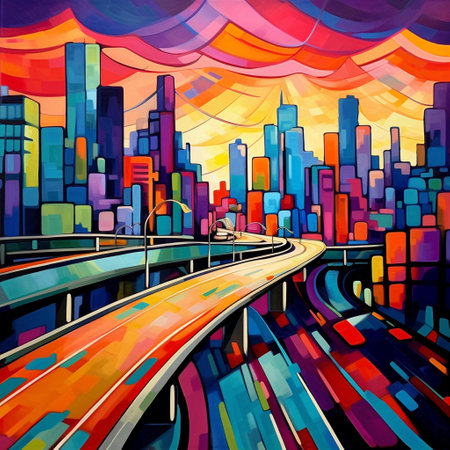 Modern city illustration. Colorful urban landscape with road and skyscrapersの素材