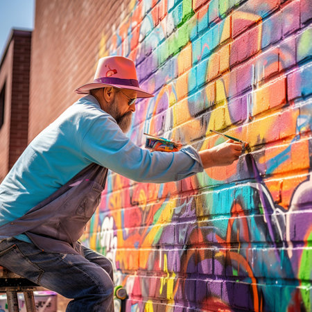 young hipster man painting graffiti on brick wall in the city streetの素材