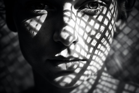 Closeup portrait of a beautiful woman with blinds on her faceの素材