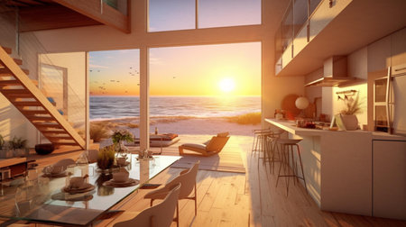 3d render of modern living room with sea view at sunset.の素材