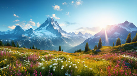 Fantastic summer mountain landscape with blooming meadow and snow-capped peaksの素材