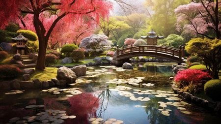 Japanese garden with pond and bridge in spring time,3d renderの素材