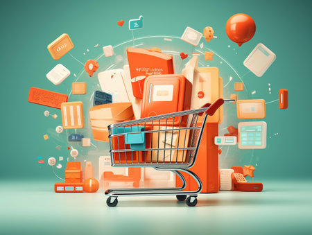 Shopping cart with application icons flying out of it 3D renderingの素材