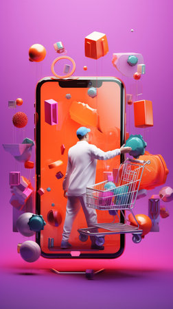 3d illustration of a man with a shopping cart and a smartphone.の素材
