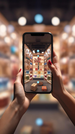 Smartphone in hand on the background of the interior of the storeの素材