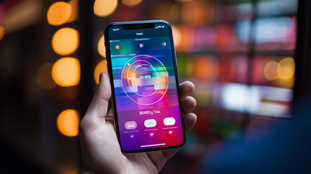 Smartphone screen displaying an app on a touch screen with bokeh backgroundの素材