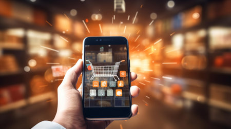 Hand using smartphone with online shopping concept on blurred background 3D renderingの素材