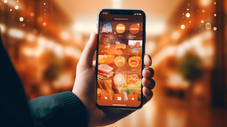 Digital composite of Hand holding phone with food apps on screen against blurry backgroundの素材