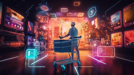 Digital composite of Man with shopping cart and game interface. 3d renderingの素材