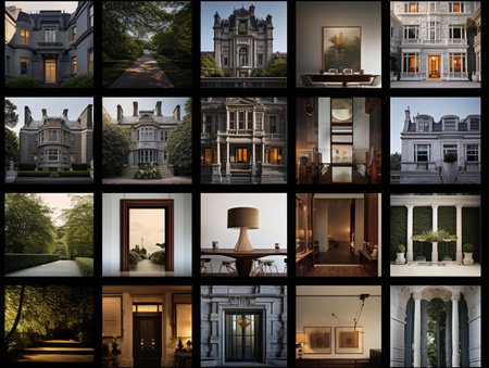 Collage of photos of a beautiful house in the garden at nightの素材