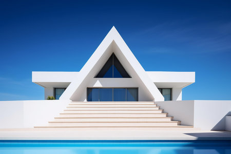 3d rendering of modern house with swimming pool and blue sky backgroundの素材