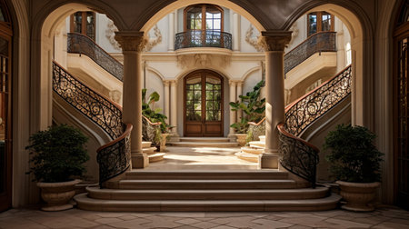 Interior view of a beautiful building with stairs and plants in the foregroundの素材