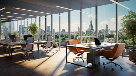 Modern office interior with panoramic city view. 3D renderingの素材