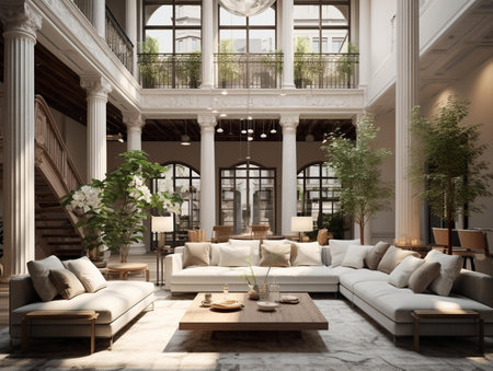 Interior of a living room with a sofa and a coffee tableの素材