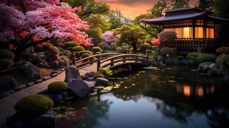 Japanese garden with pond, bridge and cherry blossom in spring timeの素材