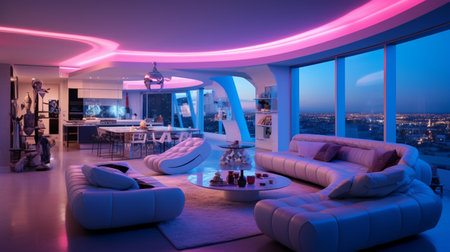 Modern living room with a large window overlooking the city at night.の素材