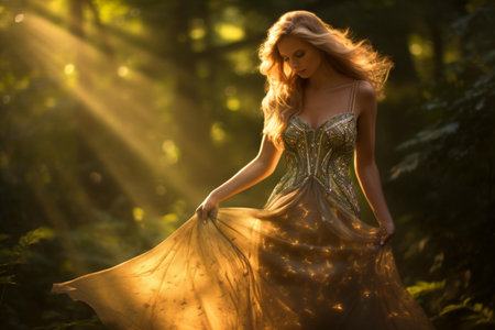 Beautiful young woman in golden dress in the forest. Beauty, fashion.の素材