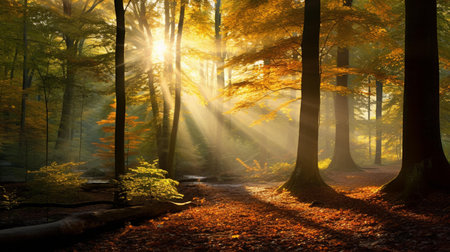 Morning in the autumn forest with sunbeams and rays of lightの素材