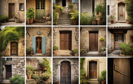 Collage of pictures of the of an old house with wooden doorの素材