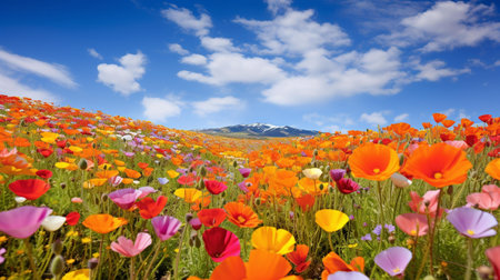 Meadow of poppies and mountains under blue sky with cloudsの素材