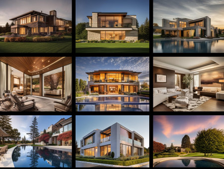 Collage of modern cozy house with pool and parking for sale or rent.の素材