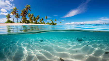 Split underwater photo of tropical island with palm trees, sand and seaの素材