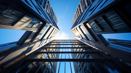 Modern skyscrapers on a background of blue sky. Bottom viewの素材